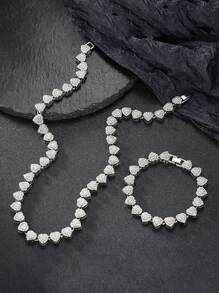 2pcs 12mm Wide Unisex European & American Fully Iced Out Cubic Zirconia Hiphop Necklace, Fully Iced Round Cubic Zirconia Cuban Chain - Love Two Piece Set - View 1