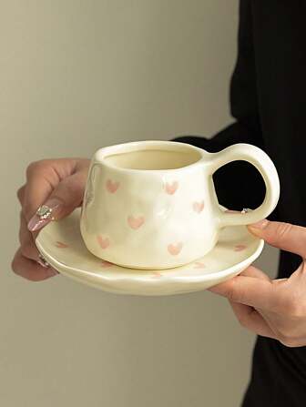 1pc Pink Heart Ceramic Coffee Mug And Saucer Set, Korean Ins-Style Handpainted Cute Girly Mug, High-Quality Lady's Water Cup, Coffee Mug, Tea Cup, Suitable For Home, Party, Holiday Gifts Back To School