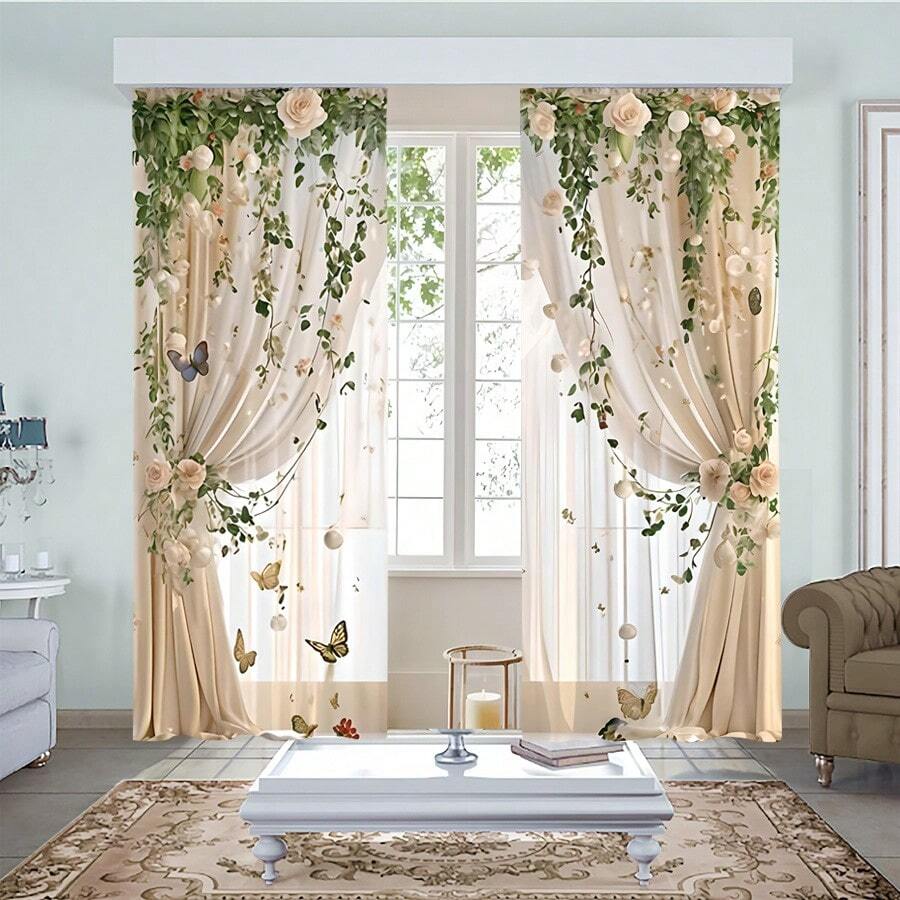 قطعتان من الستائر الحالمة ذات اللون الدافئ، مطبوعة بالورود والأوراق الخضراء والفراشات. تصميم الكروم المتعرج حيوي وطبيعي. جيب للحماية من الخصوصية. الأنماط الريفية مناسبة لديكور المنزل في غرف النوم وغرف المعيشة والمكاتب، مما يضيف جوًا دافئًا وطبيعيًا إلى منزلك.