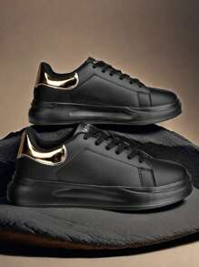 Men's Casual Design Thick Sole Lace-Up Elevator Sneakers, Student Sport Flat Shoes