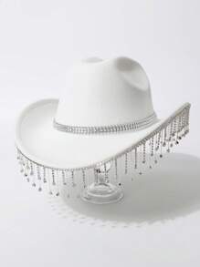 1pc Women's Solid Color Teardrop Rhinestone Tassel Western Cowboy Hat, Casual Travel, Party, Wedding, Celebration, Jazz Hat, Felt Hat, Gift, Dancing, Celebration