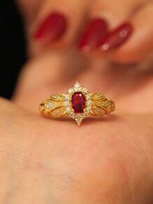 1 pieza Anillo de plata de ley S925 con granate rojo micro-incrustado, elegante, regalo de lujo para mujeres en bodas