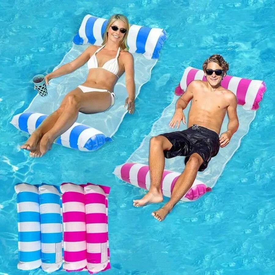 2pcs/1pc Striped Inflatable Pool Float, Foldable Swimming Pool Lounge Chair, Pool Party & Beach Accessories, Beach Essentials - Multicolor - View 1