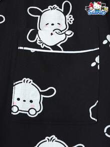 Set de pijama de 2 piezas con parte superior de manga corta con cuello y bolsillo con botón, y pantalón corto de lazo con estampado de Pochacco de Sanrio, ropa de estar en casa informal para mujer, primavera/verano