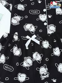 Set de pijama de 2 piezas con parte superior de manga corta con cuello y bolsillo con botón, y pantalón corto de lazo con estampado de Pochacco de Sanrio, ropa de estar en casa informal para mujer, primavera/verano