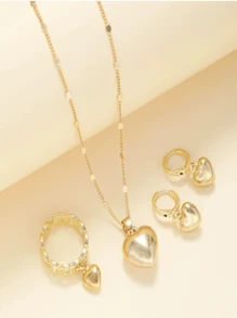 心形项链耳环戒指套装，高端奢华设计多功能珠宝套装，新娘配饰 - 金色 - 查看 2