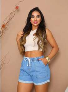 Women's Jean Shorts With Elastic Waistband Women's Jean Shorts With Elastic Waistband - 中等水洗藍 - 查看 5