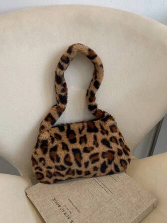 Leopard Fluffy Shoulder Bag (Printed Pattern Randomly Placed), New Autumn And Winter Women Bag, Best Fall Purse, Perfectly Matching With Fall Outfits Women Fall Clothes For Women, Fall Winter Fashionable Cheetah Print Purse For Women, New Fall Winter Tiger Print Bag For Women, New Arrival Fur Bag For Women
