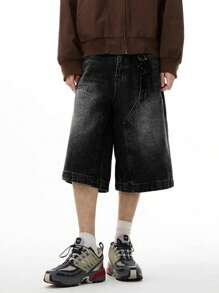 男士休闲宽松百慕大复古牛仔短裤，带口袋，日常穿着 - 黑色 - 查看 5