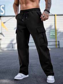 Pantalones largos negros de trabajo para hombres con bolsillos con solapa, cordón ajustable en la cintura y pierna recta, un regalo perfecto para esposos, novios, ropa informal versátil para todas las estaciones.