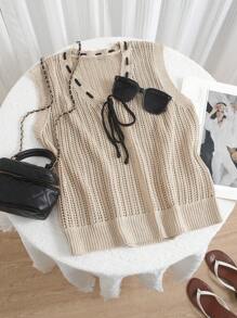 V-Neck Hollow Out Knitted Vest With Bowknot Front Closure Sweater Vest