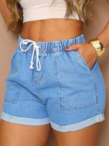 Women's Jean Shorts With Elastic Waistband Women's Jean Shorts With Elastic Waistband - 中等水洗藍 - 查看 1