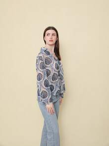 Camicia da donna con bottoni frontali, maniche lunghe, semplice e casual, alla moda, con stampa a linee metalliche versatile - Blu - Visualizzare 3