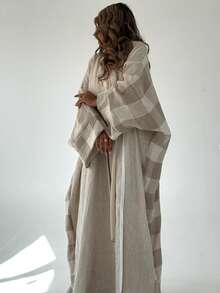 1pc Women Fashion Plaid Stripe Patchwork Abaya, Long, Casual Open Stitch Splice Artistic Long Robe Jacket, High-Quality Linen Fabric, Gentle Satin Soft, Suitable For Daily Wear, Modest Kaftan - Light Beige - View 4