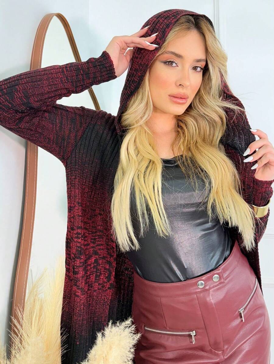 TRICOT DE LUXO Women's Flame Ribbed Hooded Chic Long Knit Long Sleeve Autumn Winter Maxi Coat