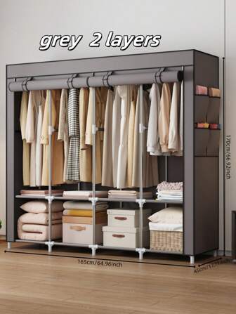 1个便携式衣柜，适用于卧室收纳，经济实惠的家用便携式衣柜整理架，坚固承重设计，易于组装，大容量节省空间，是出租公寓、学生宿舍、小户型住宅和临时居住的理想之选。多功能衣物外套收纳架，可存放床上用品和鞋子，是搬家、房间改造、换季衣物整理、节假日招待客人、客房收纳的理想选择。紧凑现代简约风格，是实用的家庭和合租生活解决方案。