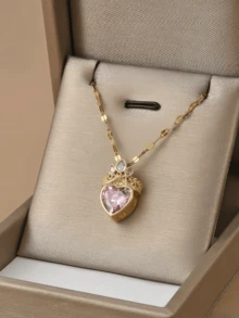 1 件水晶心形皇冠吊坠项链，优雅金色莱茵石公主皇冠项链女士珠宝