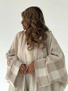 1pc Women Fashion Plaid Stripe Patchwork Abaya, Long, Casual Open Stitch Splice Artistic Long Robe Jacket, High-Quality Linen Fabric, Gentle Satin Soft, Suitable For Daily Wear, Modest Kaftan - Light Beige - View 2