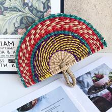 Abanico decorativo de pared tejido a mano de forma colorida, abanico de mano de uso diario de paja marina para refrescarse, abanico decorativo de lujo de dos tonos, regalo para cumpleaños o graduación - Multicolor - Ver 5