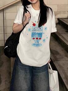 宽松棉质卡通印花 T 恤，独特设计短袖休闲上衣，适合娇小女性 - 白色 - 查看 3