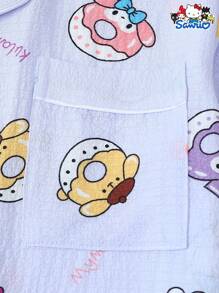 Set de 2 piezas autorizado por Sanrio con parte superior de manga corta de escote en V con bolsillo y pantalón corto con lazo, adecuado para usar en casa en primavera/verano