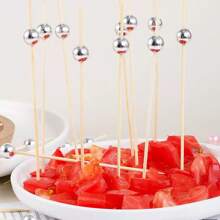 100pcs Disposable White Pearl Cocktail Bamboo Skewers, Fruit Cake Decoration Bamboo Toothpicks, Long Cocktail Disco Theme Party Supplies, Artistic Fruit Forks For Party And Wedding Desserts