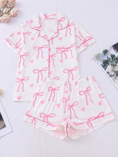 2pcs/Set Bow Print Casual Wear Pajama Set For Women, Includes Comfortable Short Sleeve Button Collar Shirt And Loose Elastic Shorts, Suitable For Outdoor & Home, All Seasons