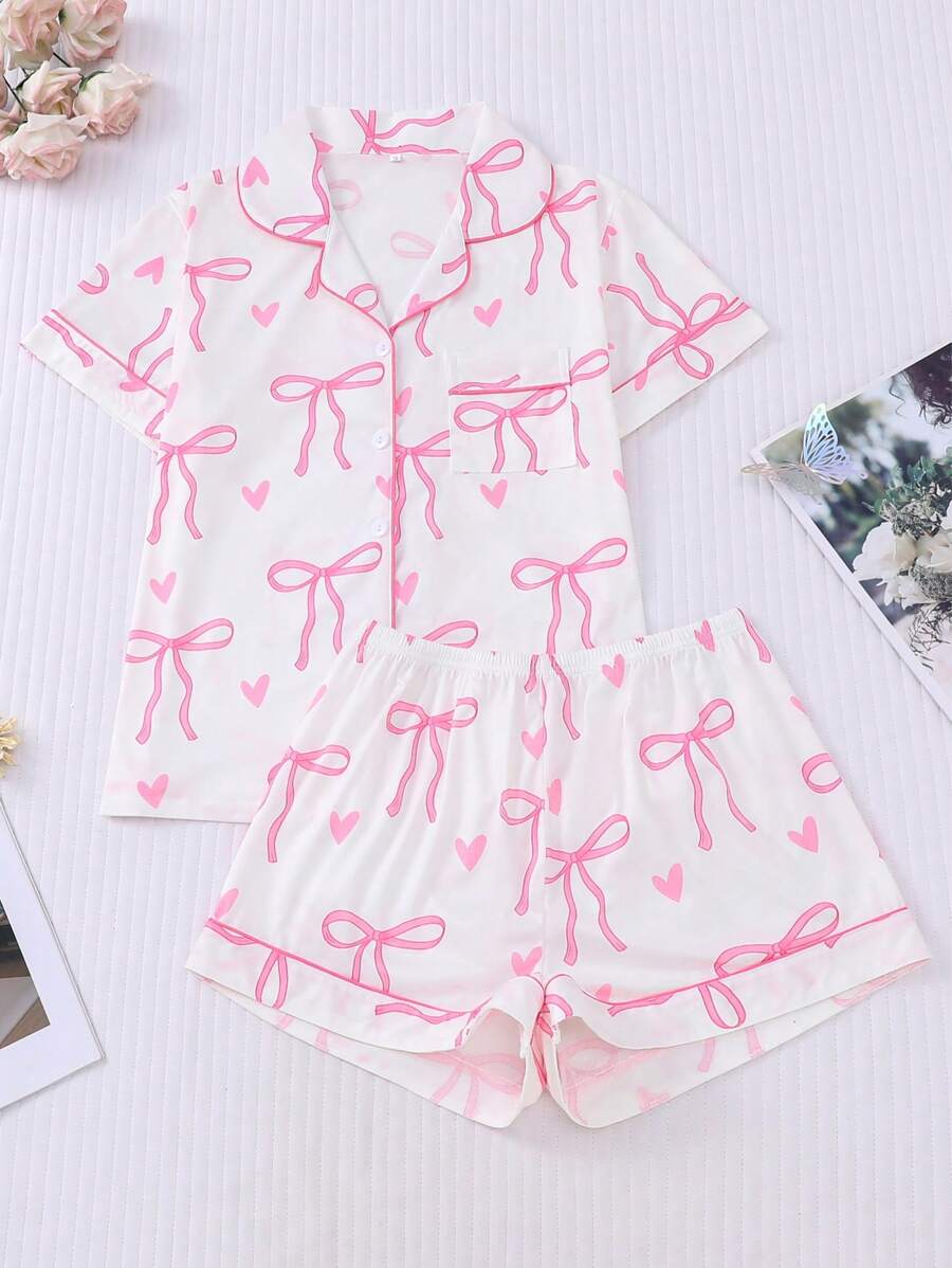 Marira 2pcs/Set Bow Print Casual Wear Pajama Set For Women, Includes Comfortable Short Sleeve Button Collar Shirt And Loose Elastic Shorts, Suitable For Outdoor & Home, All Seasons - White - View 1
