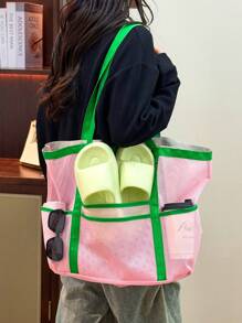 1pc gewatteerde open-top gesloten mesh strandtas, grote capaciteit reisvakantie opbergtas, draagbare opvouwbare zwemsportschool opbergtas, geperforeerde reis mesh tas, opbergtas voor badspeelgoed