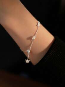 S925 Sterling Silver White Rose Micro-Inlaid Cubic Zirconia Butterfly Design Bracelet, Versatile Minimalist Floral Jewelry Gift For Birthday, Holiday, Daily Wear - Rose - View 6