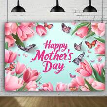 1pc Mother's Day 2D Party Background Wall Banner - Pink Tulip And Butterfly Design, Polyester Material, Perfect For Birthdays, Weddings, Christmas And Family Celebrations, Event Background | Flower Butterfly Design | Durable Polyester, Mother's Day Decoration
