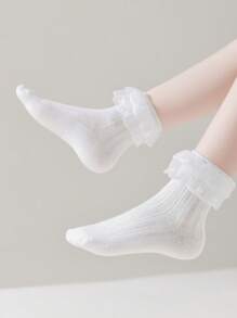 1 Pair Girls Lace Hollow Out Breathable Ruffle Socks, Suitable For Infant Girls And Baby Dress Up