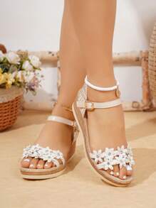 Plus Size Women Summer Floral Wedge Heel Sandals, Hollow-Out Beach Sandals, European And American Style - White - View 8