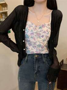 1件女士夏季长袖防晒开衫披肩，空调房小开衫，沙滩防晒服，可搭配吊带裙穿着