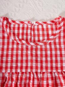 1pc Girl Teen Casual Plaid Dress, Summer - Red and White - View 3