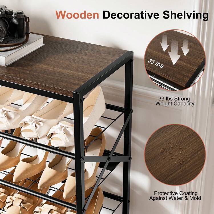 BGTREND 8-Tier Metal Shoe Rack Organizer With Wooden Top, 24-32 Pairs Shoe Storage Shelf For Entryway Hallway (52.56" Tall, Brown) - 10 - View 2
