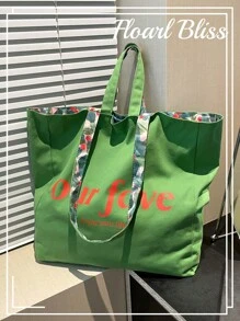 Bolsa de lona dupla face com estampa floral, nova primavera/verão 2025, bolsa de grande capacidade para deslocamento diário, bolsa de ombro simples coreana