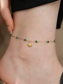 1pc 18K Gold Plated Stainless Steel Anklet With Seashells And Emerald Beads, Hypoallergenic Beach Vacation Jewelry For Women, Suitable For Women To Wear In Daily Life Or On Vacation, Or As A Gift For Valentine's Day Valentines,Mom,Mother,Mother's Day,Gift.
