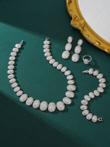 4 pièces/Set Ensemble de bijoux feuille en zirconium à la mode, collier, bracelet, boucles d'oreilles, bague. Convient pour le port quotidien des femmes, les fêtes. Ensemble cadeau de luxe pour petite amie/épouse pour la Saint-Valentin