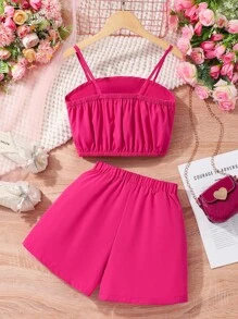2 件套青少年女孩休闲时尚蝴蝶结吊带上衣和短裤两件套服装 - 玫紅色 - 查看 2