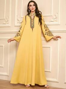 Women's Long Yellow Kaftan Robe, Notched Neck, Wrist Length Sleeves, Embroidered, Elegant Woven Fabric Jalabiya - Yellow - View 2