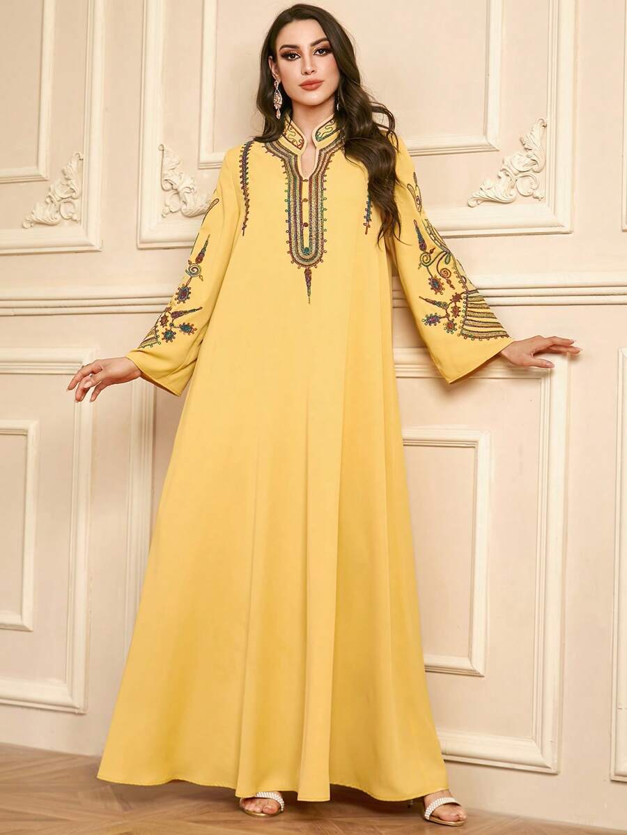 Women's Long Yellow Kaftan Robe, Notched Neck, Wrist Length Sleeves, Embroidered, Elegant Woven Fabric Jalabiya