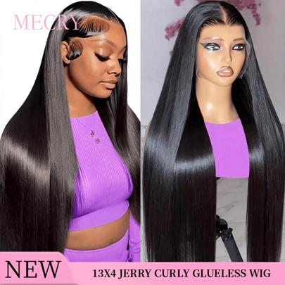 MECRY Peluca frontal de encaje de cabello humano de 12-36 pulgadas, 13x4 HD, lista para usar sin pegamento, con cabello frontal pre-arrancado con cabello de bebé, 200 de densidad, encaje frontal transparente liso, para mujeres, color negro natural 1B# 13X4; Peluca frontal de encaje con cabello mezclado