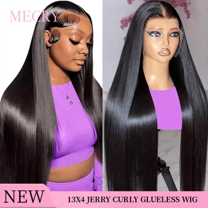 MECRY 12-36 Inches 13x4 High Definition Lace Front Wig, Plug And Play, No Glue Needed, Real Human Hair Hairline, Pre-Plucked, With Baby Hair, 200 Density, Transparent Lace Front Wig, For Women, Natural Black 1B# 13X4; Lace Front Wig, Mixed Hair
