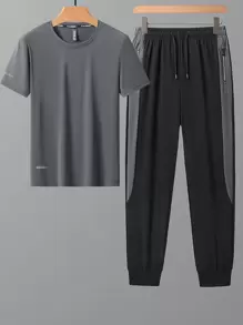 男士运动套装，夏季透气速干运动短袖T恤套装，轻便短袖衬衫，冰丝运动裤，适合运动、户外、跑步、健身、休闲装