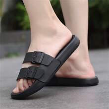 Sandalias de casa de suela gruesa, cómoda y suave con doble correa y hebilla, para hombres, versátiles de primavera a verano. Sandalias casuales de exterior, tipo chanclas de playa, de unicolor simple y talla grande para hombres - Negro - Ver 4