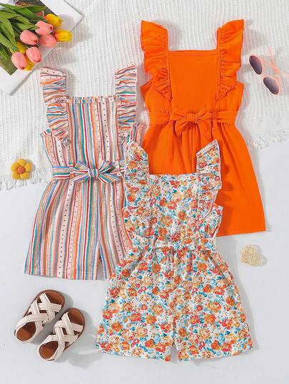 3pcs Girls Set: Floral, Polka Dot, Striped And Solid Color Jumpsuit With Cap Sleeves And Square Neck, Plus Belt