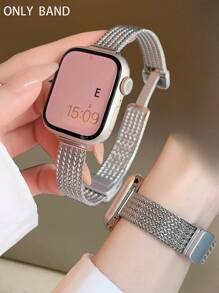 1pc Compatible With Apple Watch Band Women's AppleWatch Band 14mm Narrow Metal Magnetic Strap Silver Is Compatible With Apple Watch Size 46/45/41/40/42/38/49/44mm, Suitable For Apple Watch SE/S10/9/8/7SE4/5/6/3/2/1 Ultra 3/2/1, Weave Pattern Design, Advanced Apple Watchstrap Thin Metal Smart Watch Band.AppleWatch Accessories,Suitable For Spring And Summer - Silver - View 5