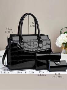 3pcs Set Elegant Crocodile Pattern Fashion Handbag, Multifunctional Large Capacity Shoulder Bag, Fashionable Design, New Stylish Ladies Small Square Bag Handbag Messenger Bag Versatile Casual Multilayer Large Capacity Shoulder Crossbody Bag, Suitable For Valentine's Day Gift Travel Shopping Mall, New Stylish Ladies Tote Shoulder Messenger Colorblock Bag Casual Luxury Large Capacity Shoulder Crossbody Bag - Black - View 2