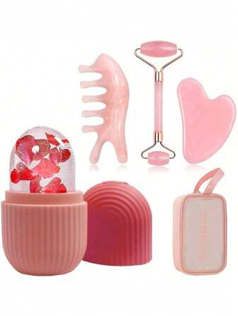 Pink Ice Face Roller Mold Cube Guasha Facial Massage Set - Includes Jasper Roller, Jasper Comb For Facial, Eye, Nose, And Head Massage - Enhances Skin Care And Glow